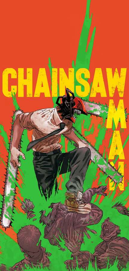 Anime-Charakter, der eine Kettensäge schwingt, umgeben von Spritzeffekten auf orangefarbenem und grünem Hintergrund. — Chainsaw Man iPhone Wallpaper