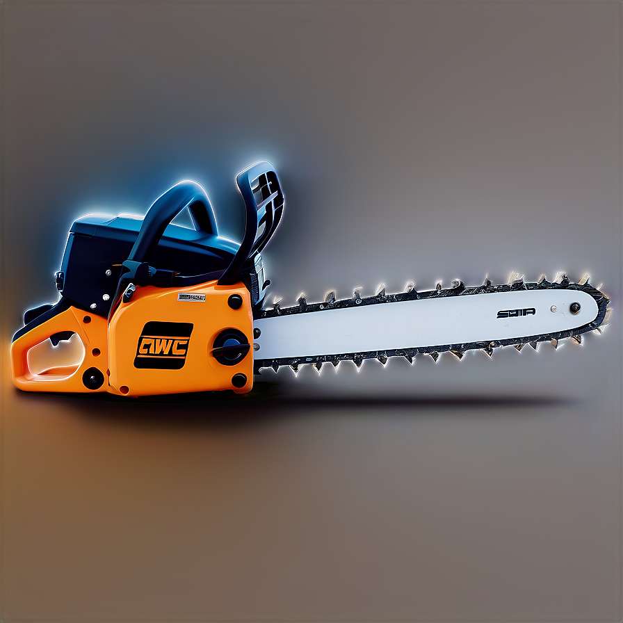 Glowing chainsaw with orange and black body and electric blue highlights. — Chainsaw PNG