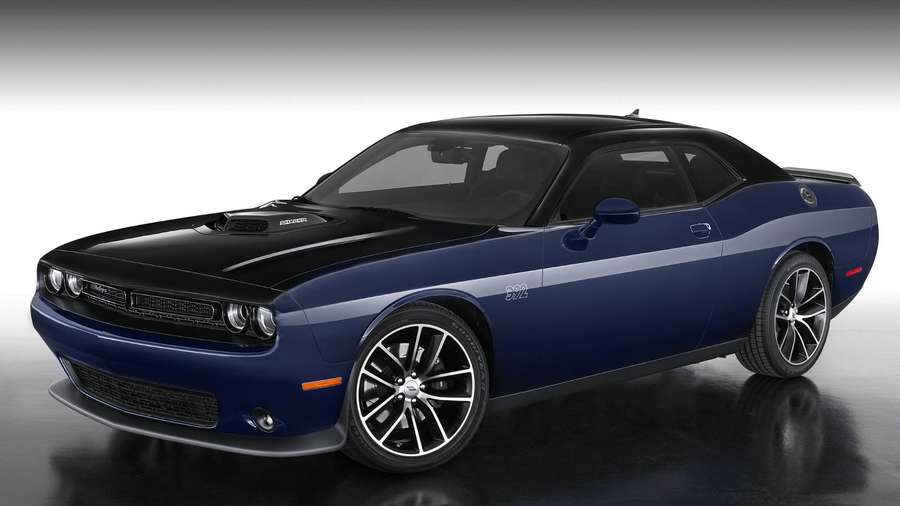 Blue and black Dodge Challenger sports car in studio with reflective floor. — Challenger Background