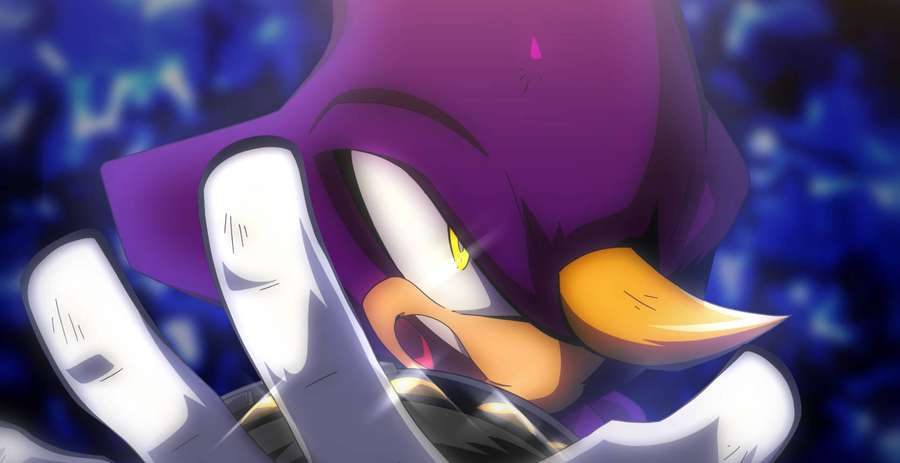 Purple bird character with yellow beak reaching forward in anime style. — Chameleon Background