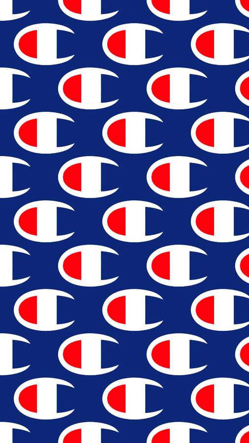 Blue background with repeating white and red Champion logos. — Champion Logo Wallpaper