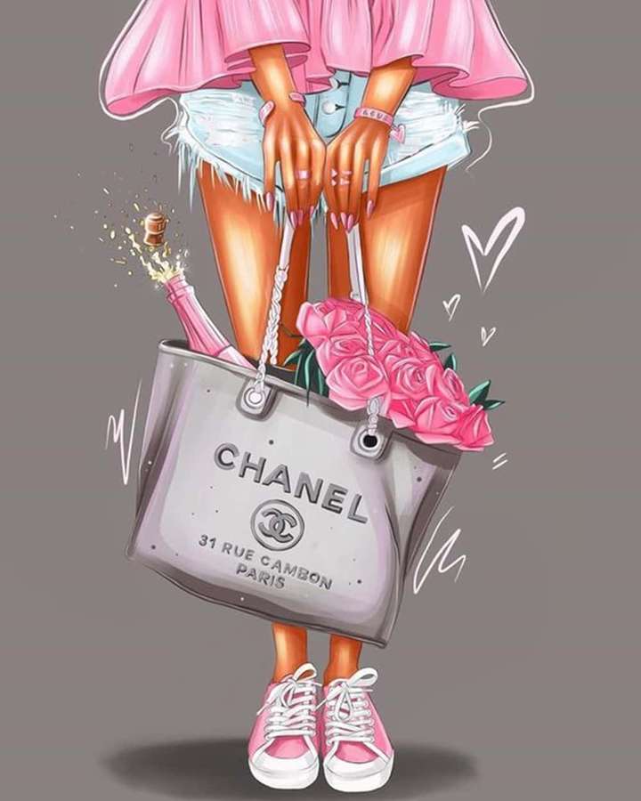 Girl in pink outfit holding Chanel bag with champagne and roses. — Chanel Girly Wallpaper