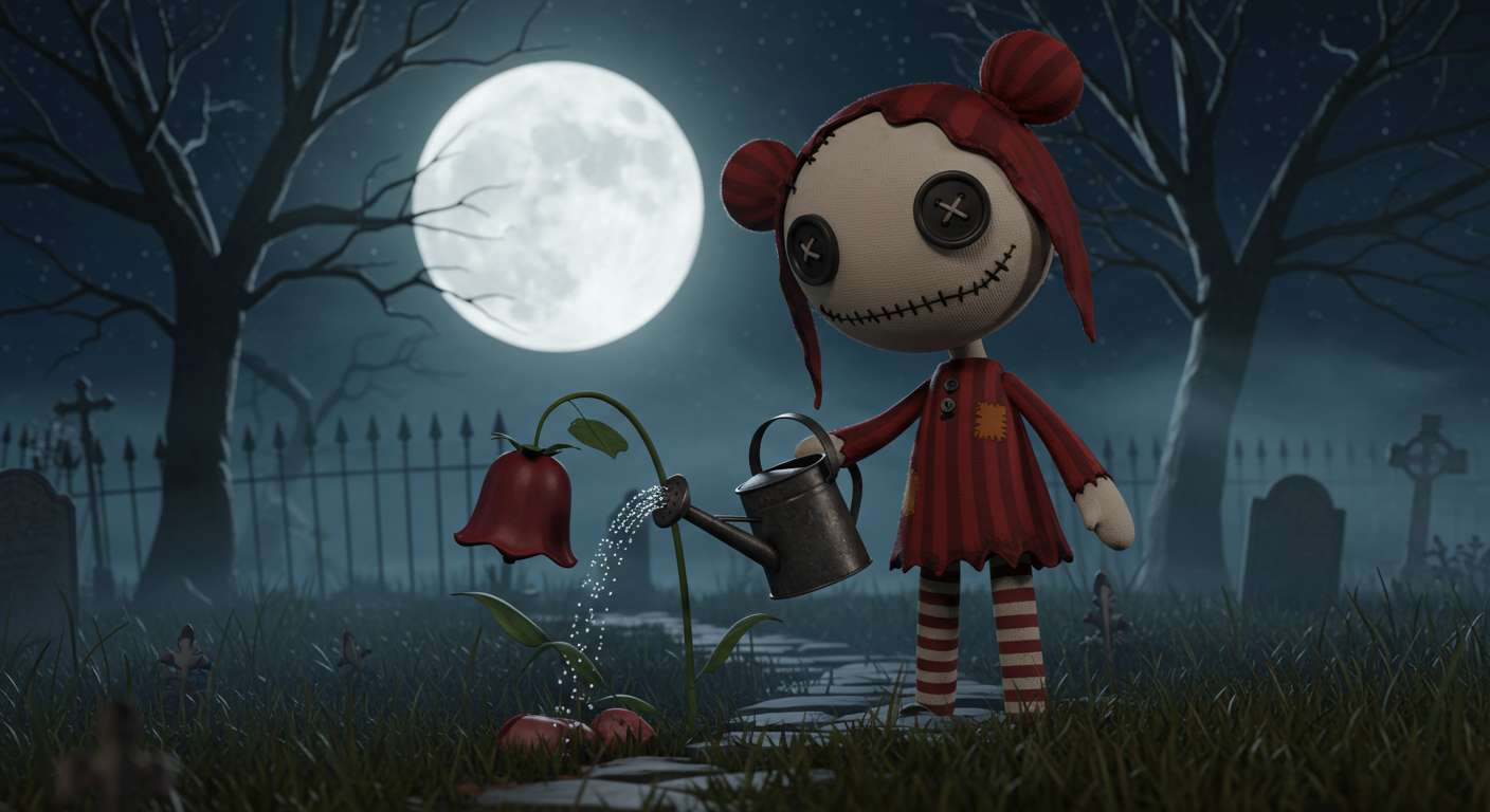 Stitched doll watering red bellflower in moonlit graveyard with tombstones and bare trees. — Character PNG