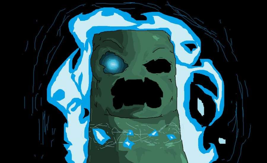 A green zombie with glowing blue eye surrounded by ice. — Charged Creeper Wallpaper