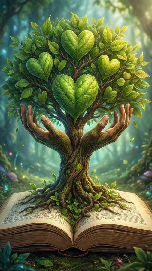 Tree with heart and hand leaves growing from a book, charity and education. — Charity Wallpaper