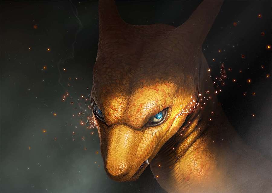 A golden dragon with blue eyes surrounded by sparks and smoke. — Charizard Background