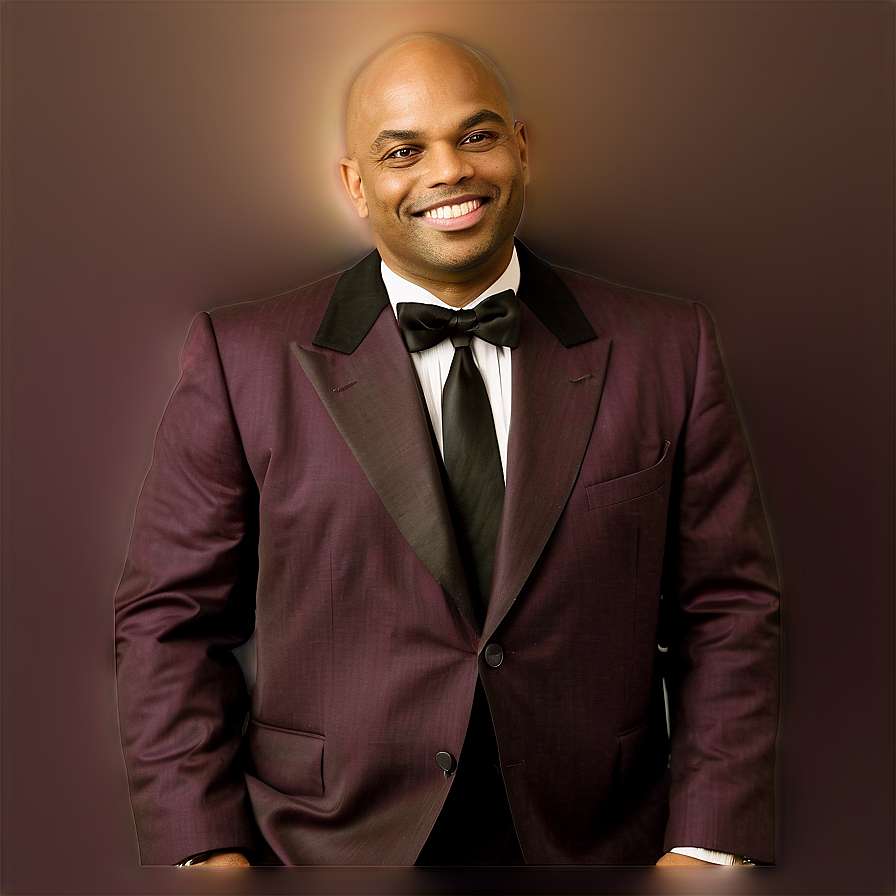 A smiling man in a maroon tuxedo with black bow tie and lapels. — Charles Barkley Background