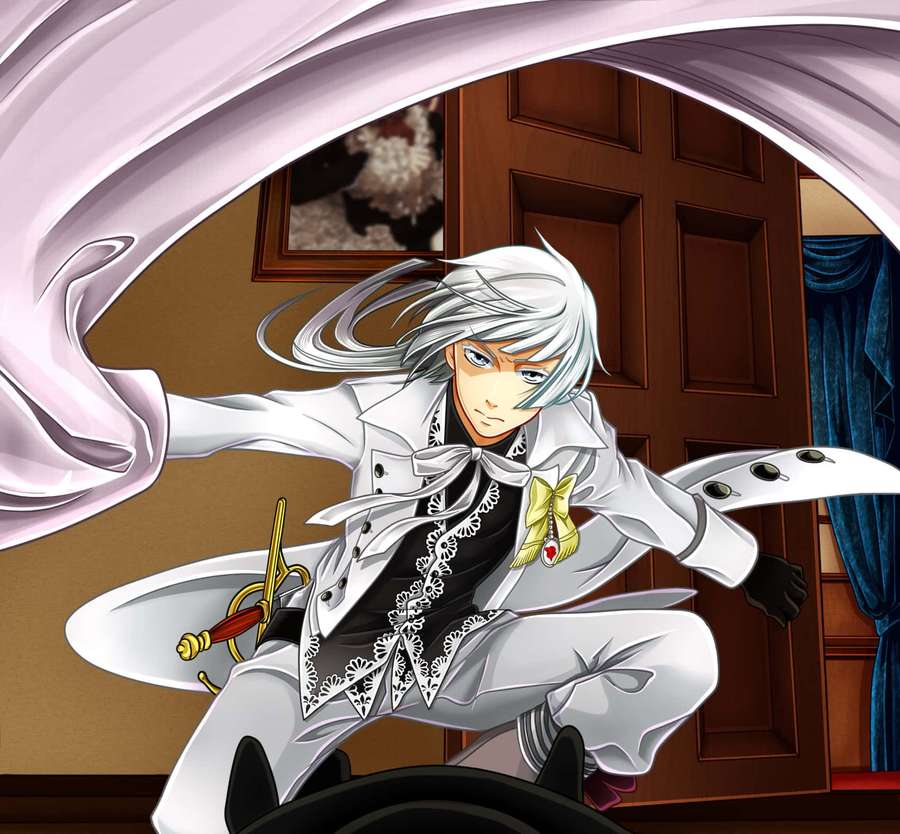 Personaje de anime con cabello plateado en atuendo blanco saltando a través de una puerta con espada. — Charles Grey Fondos de pantalla