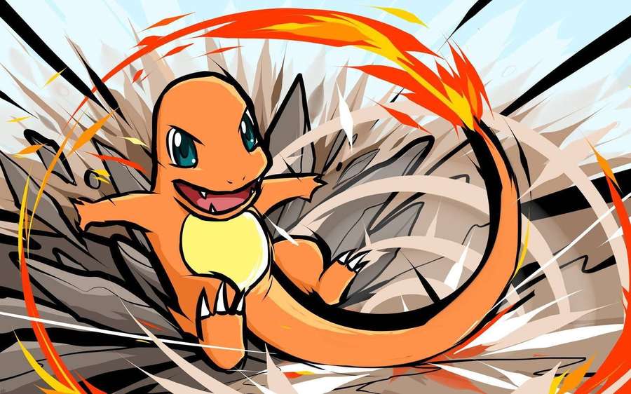Orangefarbener Charmander mit Flammen, die in einer Anime-Actionpose nach vorne springen. — Charmander Wallpaper