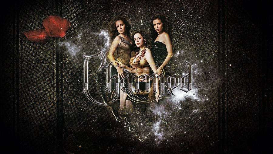Three women in dark outfits stand before a glowing title with a floating red rose. — Charmed Background