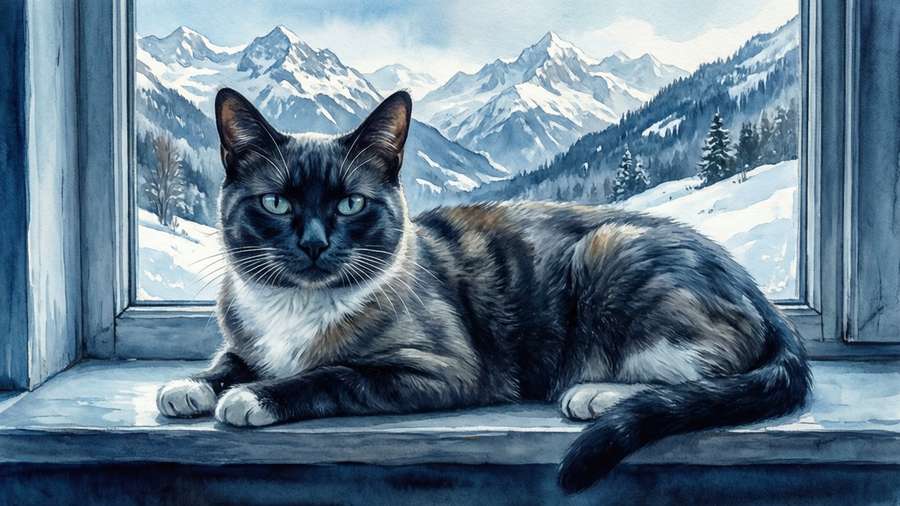 A watercolor Chartreux cat lounging with a snowy mountain view in cool blues. — Chartreux Westia Wallpaper