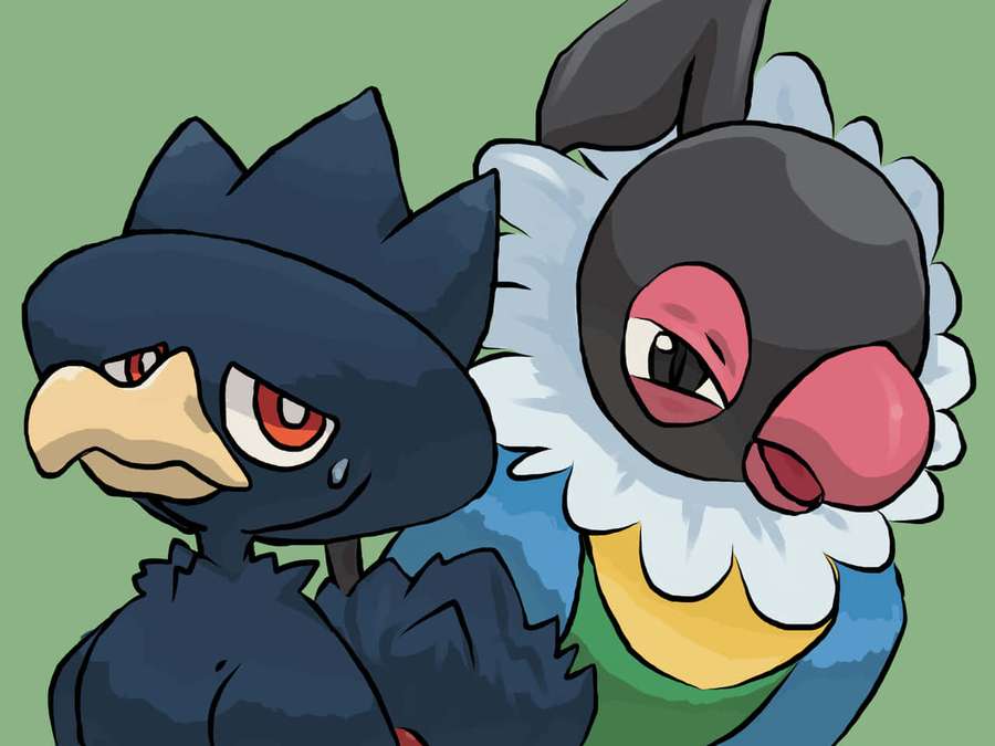 Two cartoon bird characters with red eyes and fluffy collars facing forward. — Chatot Wallpaper