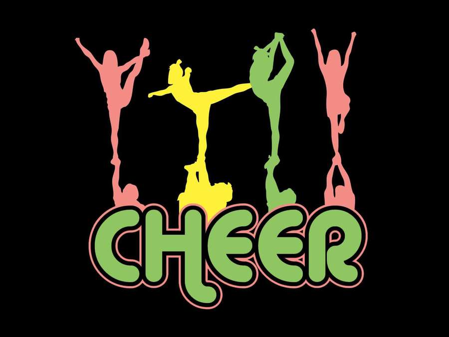 Colorful cheerleader silhouettes forming a human pyramid above the word cheer. — Cheer Wallpaper