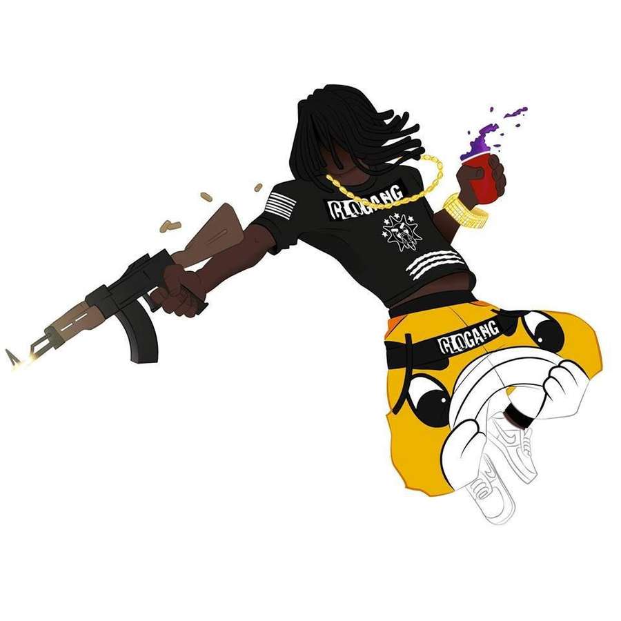 Personagem de desenho animado disparando um rifle e segurando uma lata de tinta com respingos roxos. — Chefe Keef Papéis de Parede