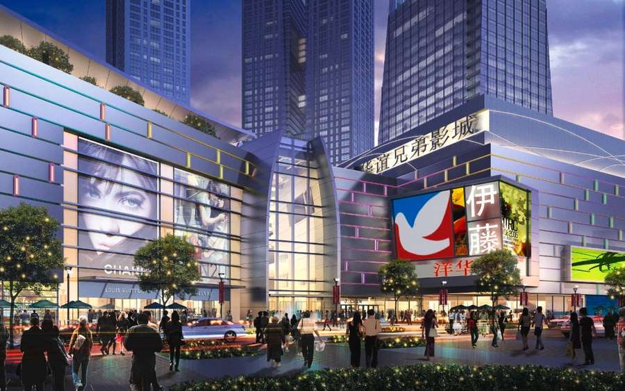 A bustling city mall at dusk with bright lights and shoppers walking outside. — Chengdu Background