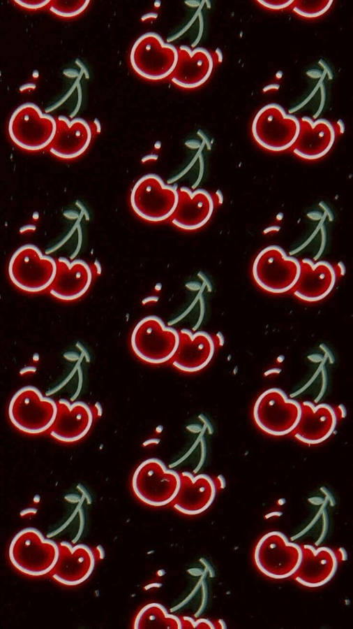 Neonröda körsbär med gröna stjälkar som lyser på en mörk prickig bakgrund. — Cherry bakgrund Bakgrundsbilder