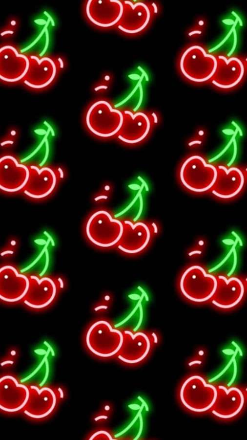 Neon red and green cherry outlines glowing on black background. — Cherry Aesthetic Wallpaper