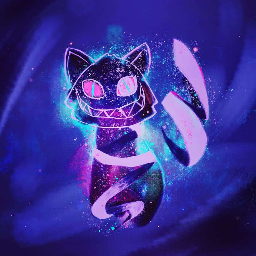 Eine leuchtende Neonkatze mit scharfen Zähnen und pinken Augen schwebt in einem kosmischen Wirbel aus lila und türkisen Partikeln. — Cheshire Cat Bilder