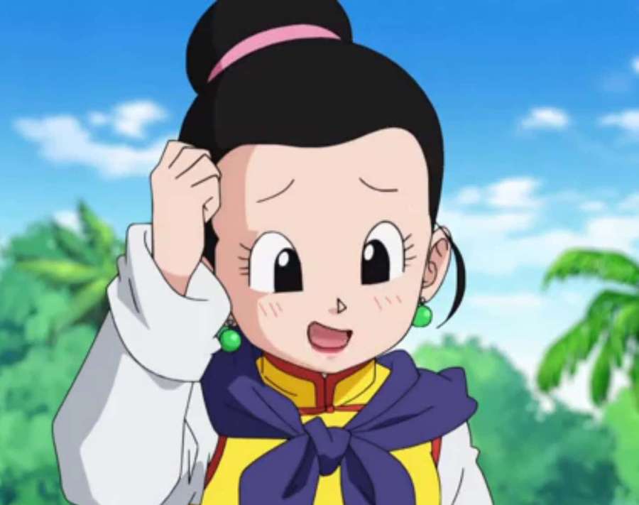 Anime girl with black hair and green earrings smiling outdoors under a blue sky. — Chi-chi Wallpaper