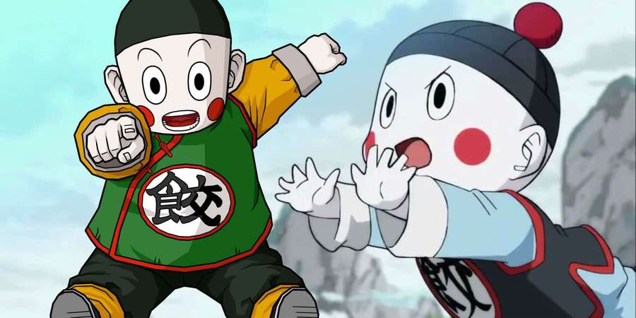 Two anime children in martial arts poses fighting in a mountain setting. — Chiaotzu Wallpaper