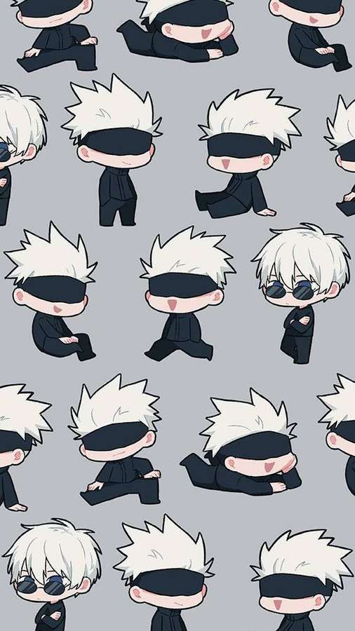 Sich wiederholende Chibi-Anime-Figur mit weißen Haaren und schwarzer Augenbinde auf grauem Hintergrund. — Chibi Anime Bilder