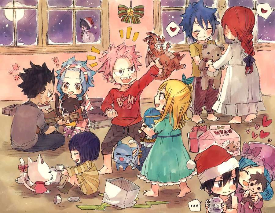 Anime characters gather indoors for a festive Christmas celebration with gifts pets and decorations. — Chibi Background