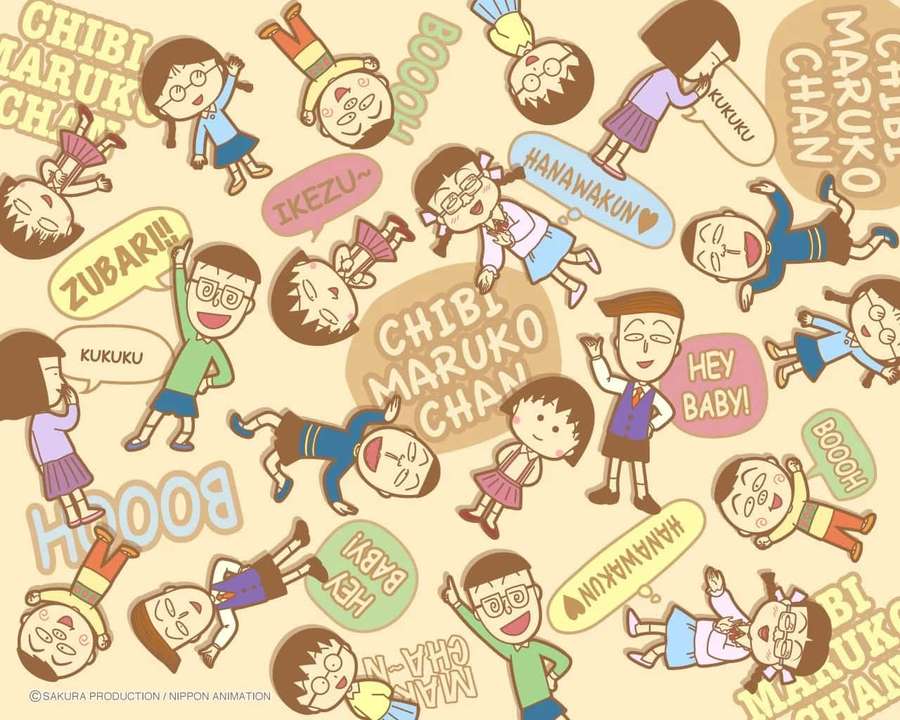 Chibi Maruko Chan anime characters in playful poses with speech bubbles. — Chibi Maruko Chan Background