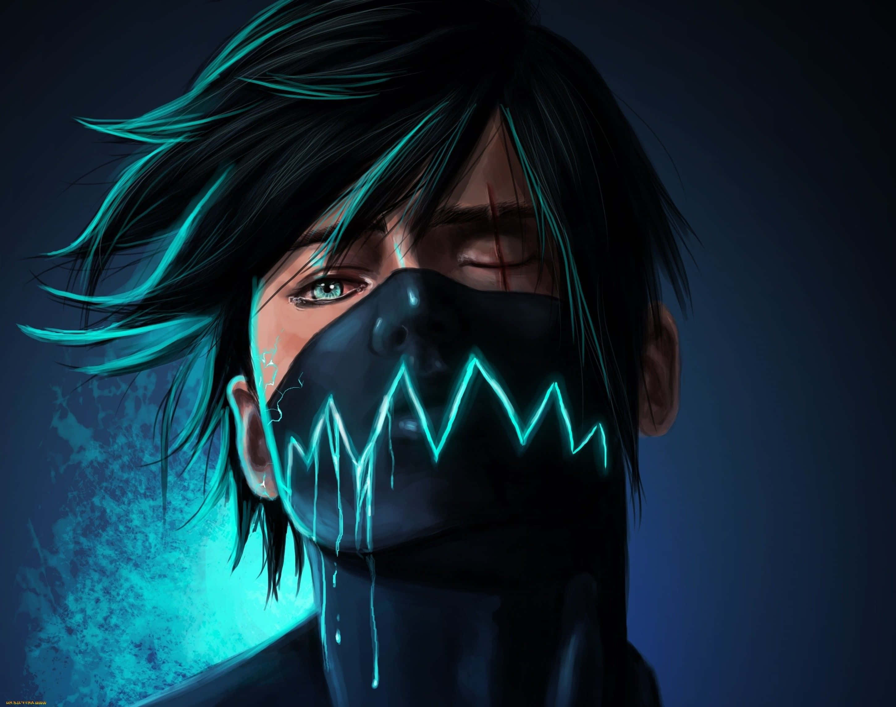 Personaje de anime con rayo cian brillante y lágrima, usando una máscara con líneas eléctricas irregulares. — Chico de anime jugando Fondos de pantalla