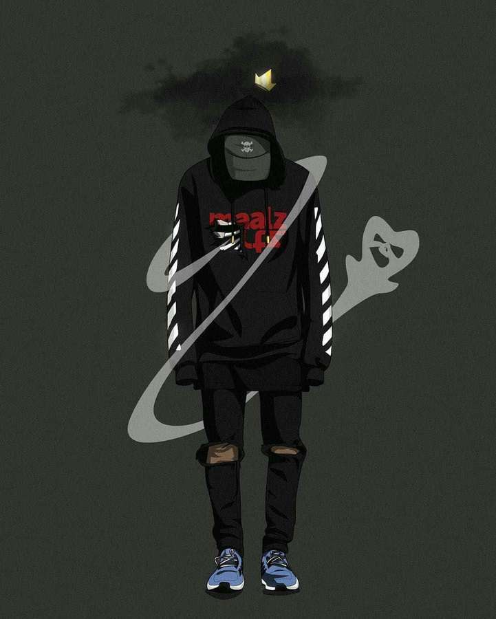 Una figura estilo anime con sudadera negra y jeans rotos, una corona flotante y remolinos fantasmales. — Chico Dope Fondos de pantalla