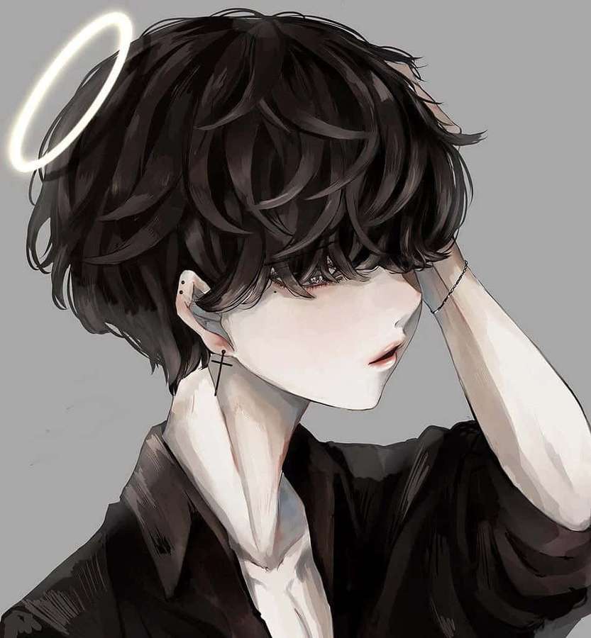 Chico anime con cabello oscuro y halo mirando hacia abajo, mano en la cabeza. — Chico Emo Anime Fondos de pantalla