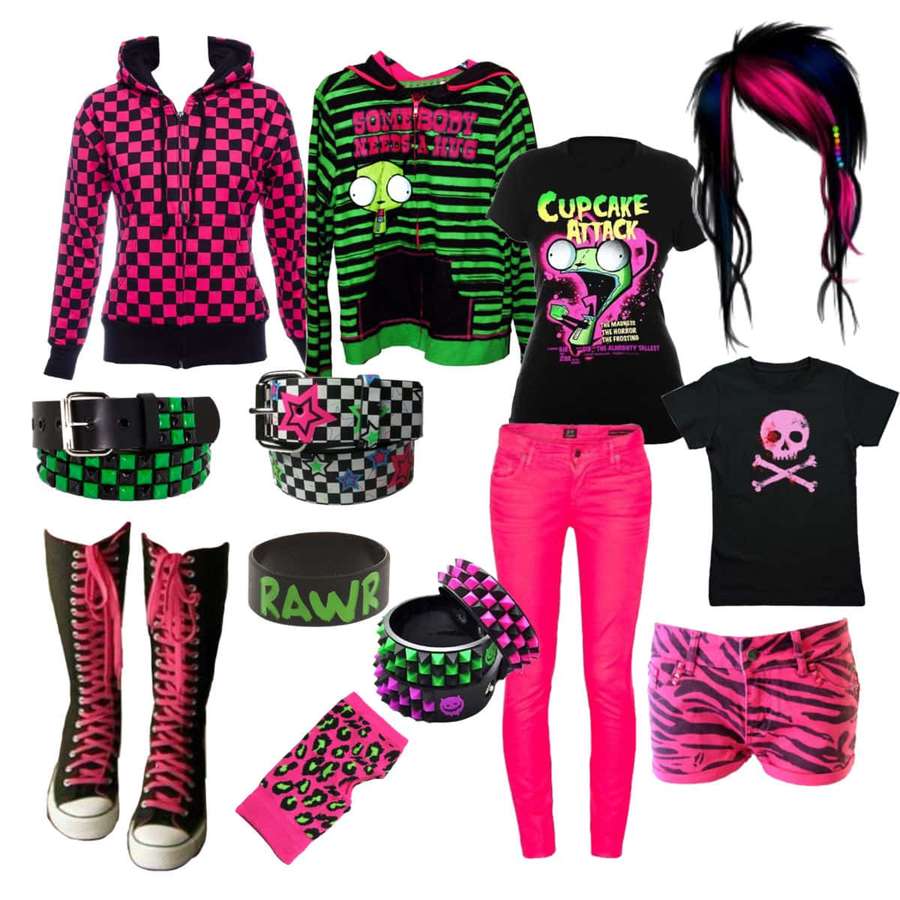 Atuendo de moda punk con sudaderas a cuadros rosa y verde neón, calaveras y shorts de cebra. — Chico Escena Fondos de pantalla
