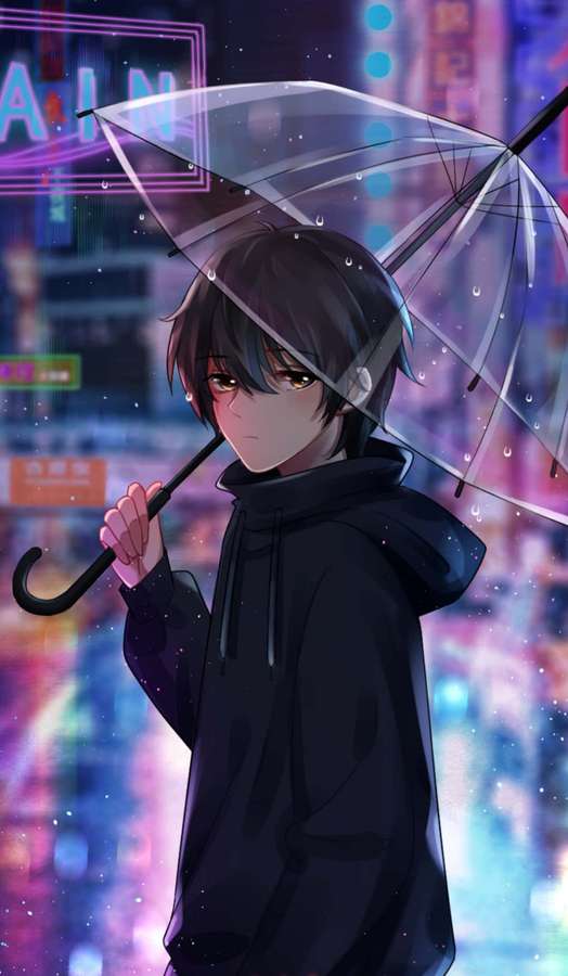 Chico de anime sosteniendo paraguas transparente en ciudad de neón lluviosa de noche — Chico Teléfono Fondos de pantalla