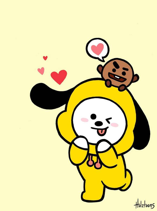 Ein gelber Cartoon-Hund zwinkert, während ein Affe auf seinem Rücken reitet und Herzen schweben. — Chimmy Bilder