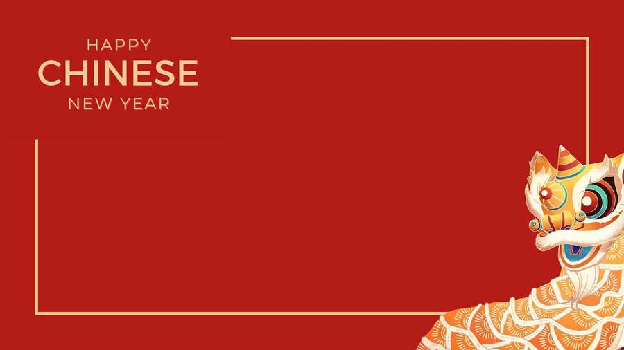 Festive Chinese New Year greeting with a lion dance costume and gold text on red background. — China Background