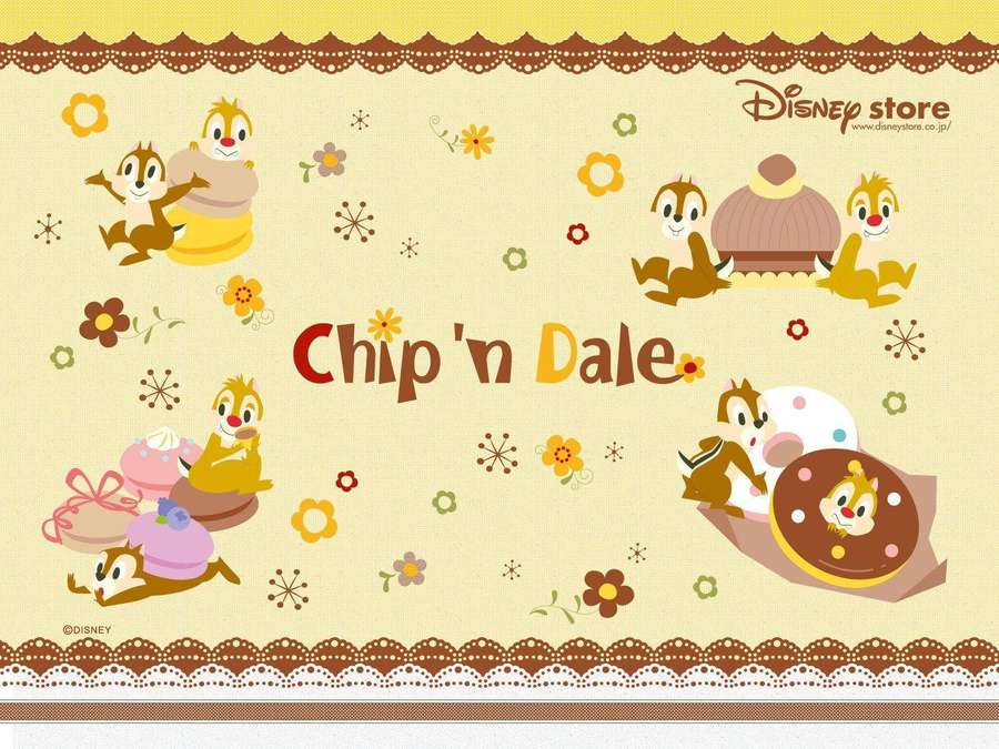 Chip und Dale Figuren mit Desserts und Blumen auf einem gemusterten Hintergrund. — Chip Bilder