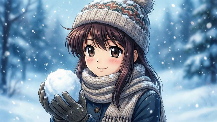 Sumomo enjoys a snowy winter day with a snowball. — Chobits Sumomo Wallpaper
