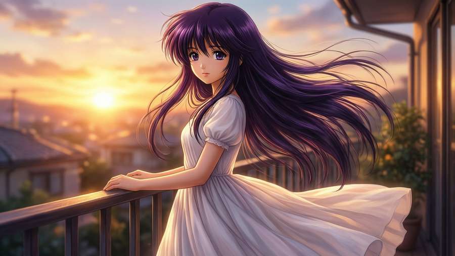 Yuzuki standing on a balcony at sunset with flowing hair and warm lighting. — Chobits Yuzuki Wallpaper