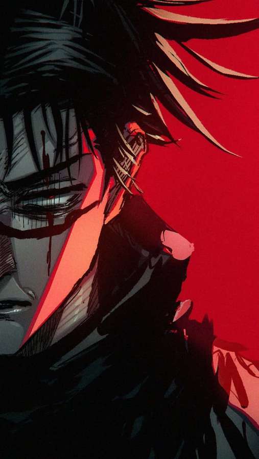 Anime character with dark hair and blood streaks against red background. — Choso Wallpaper