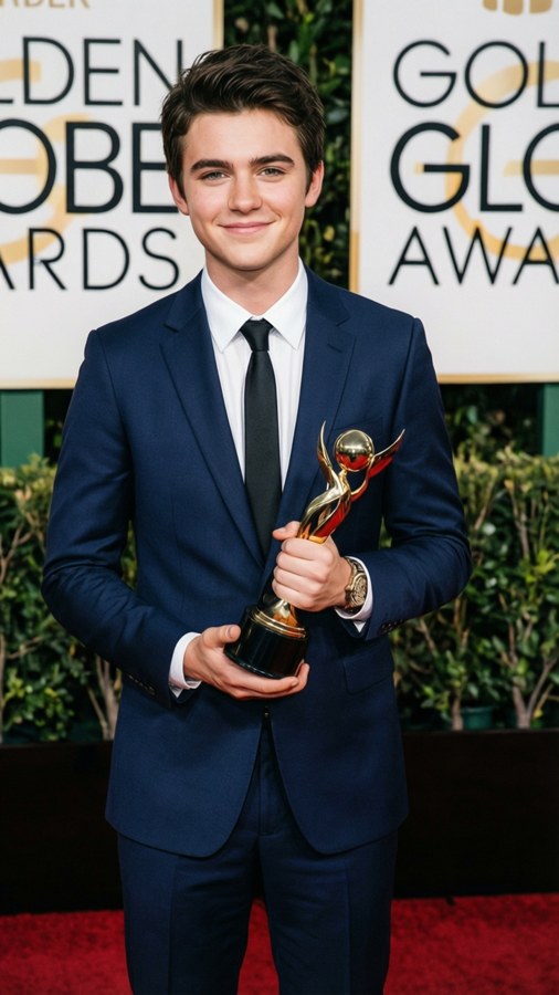 Chris Colfer at the Golden Globes holding a trophy in a navy suit — Chris colfer Background