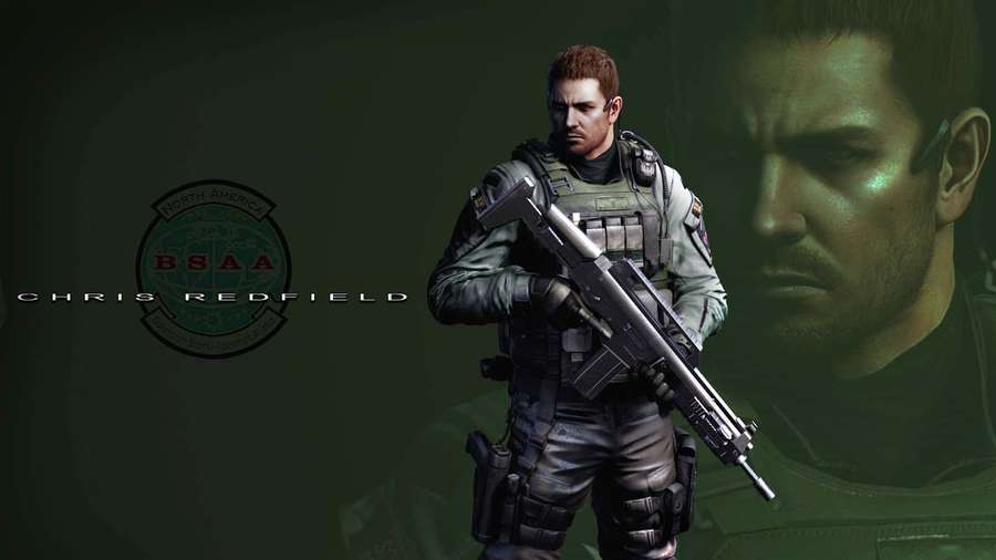 Chris Redfield in BSAA gear holding a rifle with his face in background. — Chris redfield Wallpaper