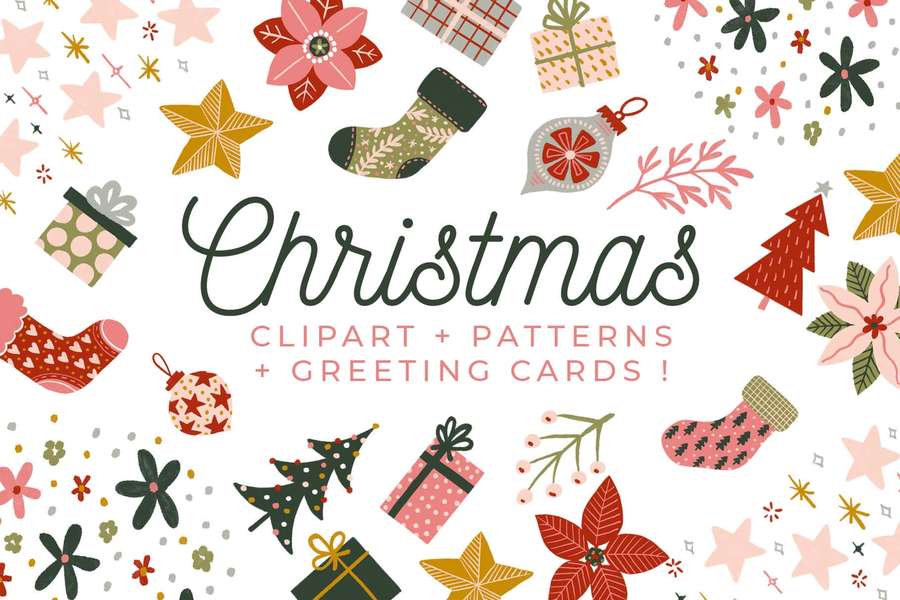 Christmas clipart pattern with stockings ornaments and stars in pastel colors. — Christmas Clipart Background