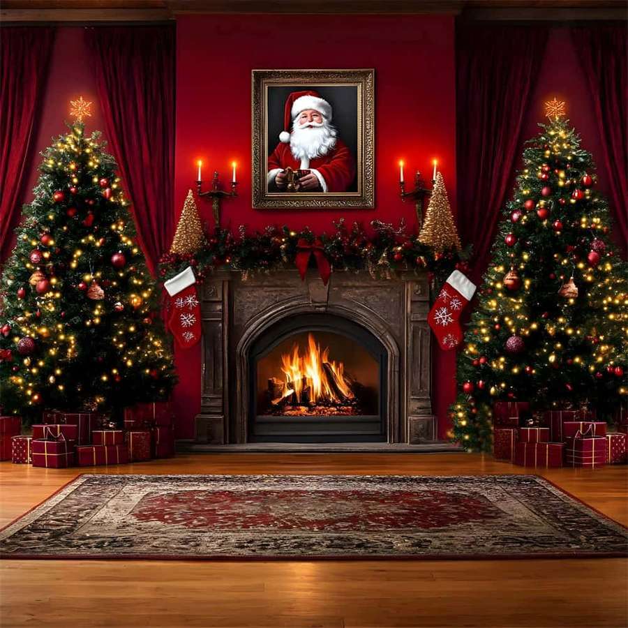 Gemütliches Weihnachtswohnzimmer mit Kamin und geschmückten Bäumen. — Christmas Fireplace Wallpaper