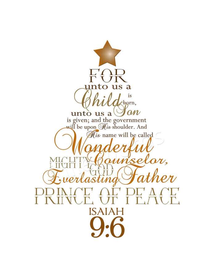 Christmas tree made of golden biblical text from Isaiah 9:6 with a star on top. — Christmas Scripture Wallpaper