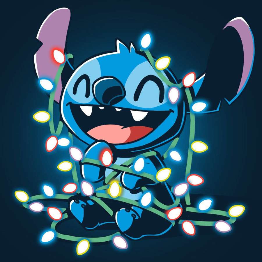 Blue alien character wrapped in glowing Christmas lights smiling brightly. — Christmas Stitch Background