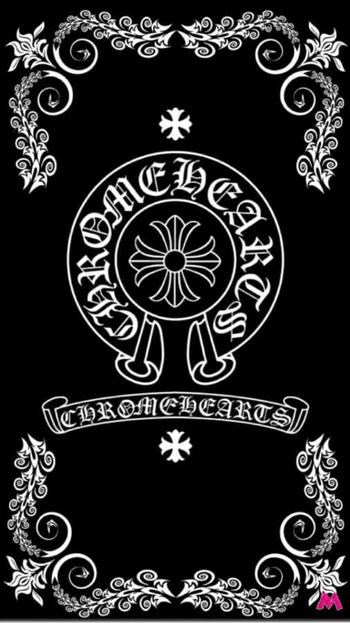 Logotipo blanco de Chrom Hearts con bordes florales sobre fondo negro. — Chrome Hearts Fondos de pantalla