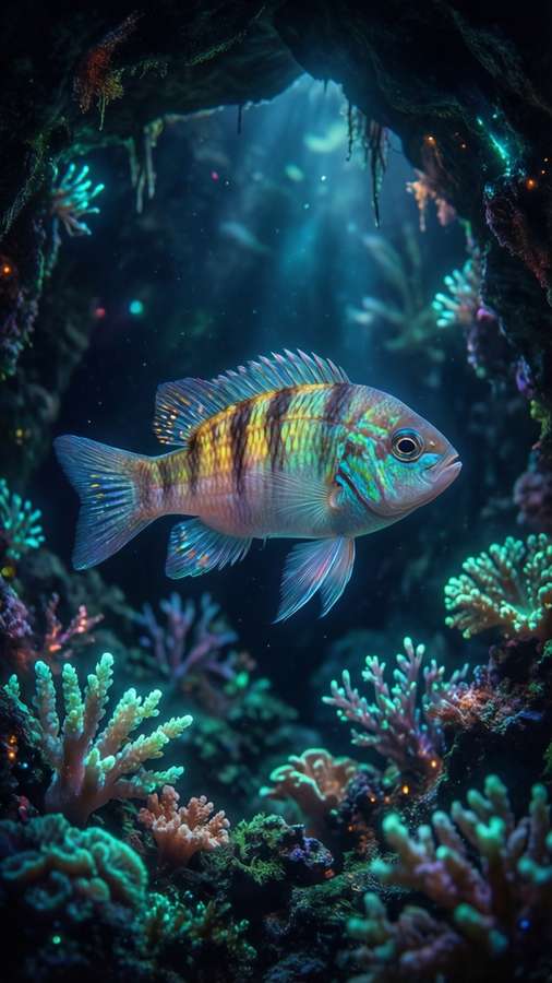 A chromis fish in a bioluminescent cave underwater. — Chromis Picture