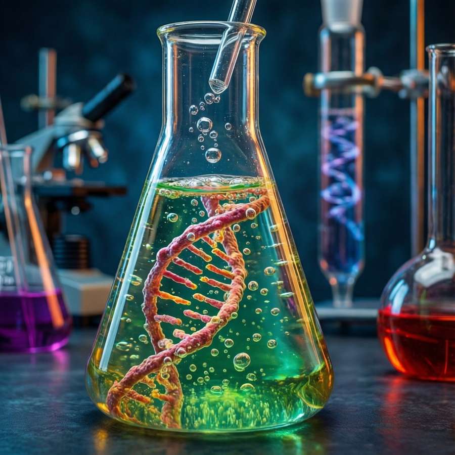 A chromosome in a flask with bubbling liquid, steampunk lab — Chromosome Wallpaper
