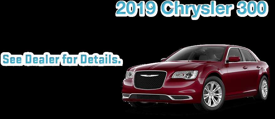 Red 2019 Chrysler 300 sedan with text promoting dealer details. — Chrysler PNG