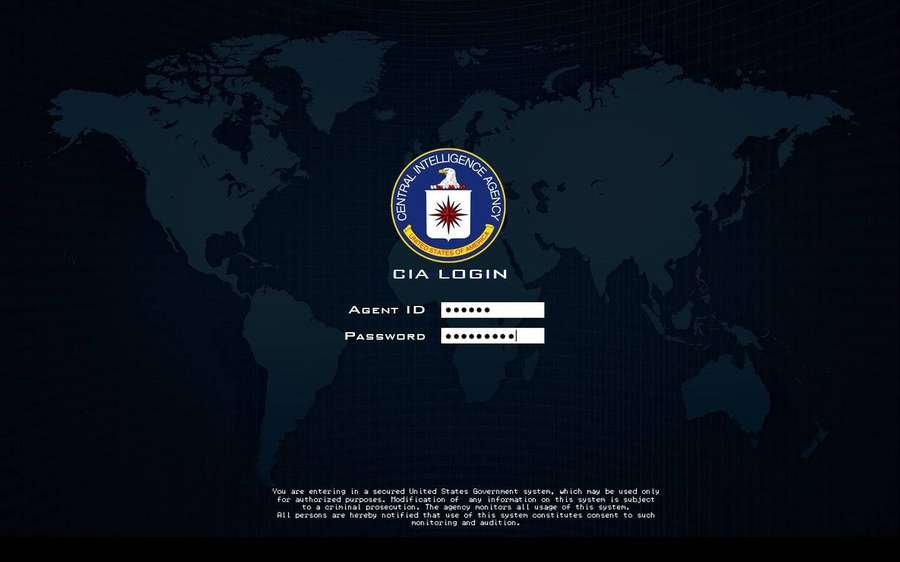 CIA login screen with world map background and obscured agent ID and password fields. — Cia Logo Picture