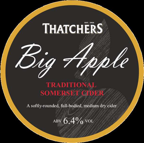 Thatcher's Big Apple cider label with gold border and black background. — Cider PNG